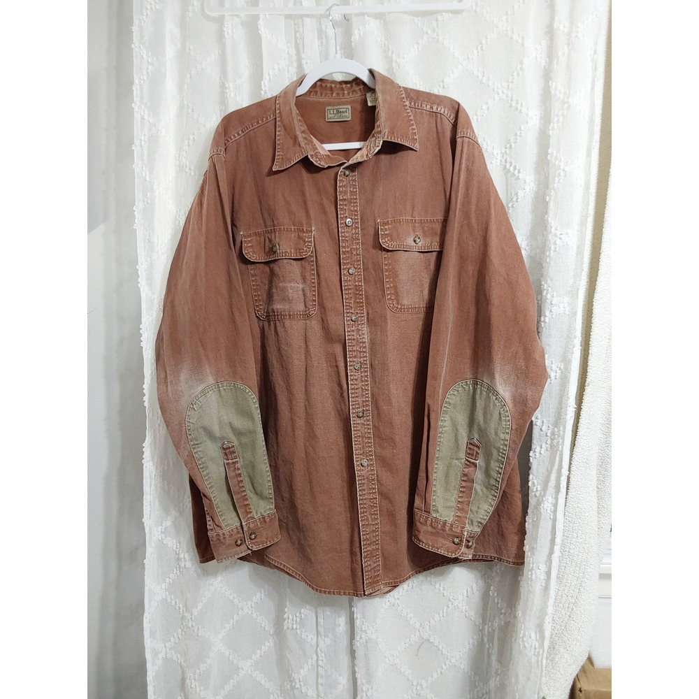 LL Bean Mens XL Tall Terracotta Cotton Canvas Work Shirt Elbow Patches OJ079